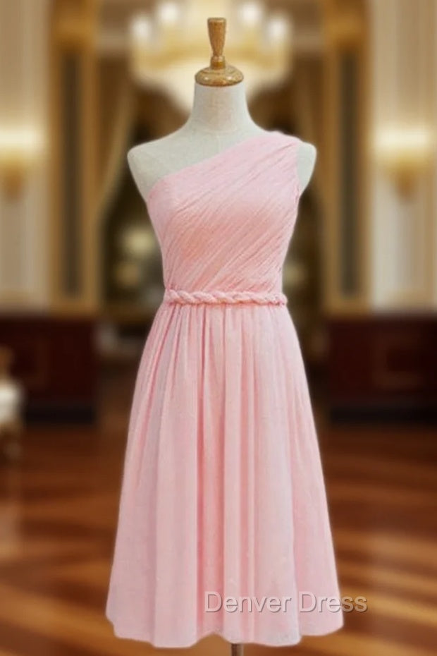 A Line Pink Chiffon One Shoulder Pleats Short Bridesmaid Dresses Main image