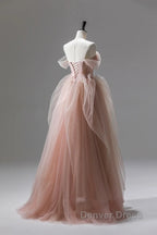A Line Pink Corset Long Tulle Prom Dresses With Ruffles