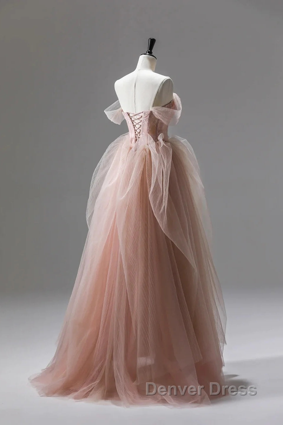 A Line Pink Corset Long Tulle Prom Dresses With Ruffles