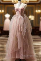 A Line Pink Corset Long Tulle Prom Dresses With Ruffles