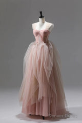 A Line Pink Corset Long Tulle Prom Dress With Ruffles