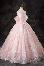 A Line Pink Flowers Tulle Long Princess Dress, Off the Shoulder Prom Dresses