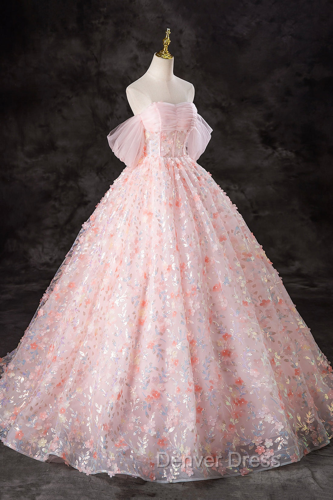 A Line Pink Flowers Tulle Long Princess Dress, Off the Shoulder Prom Dresses