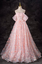 A-Line Pink Flowers Tulle Long Princess Dresses, Off the Shoulder Formal Evening Dresses