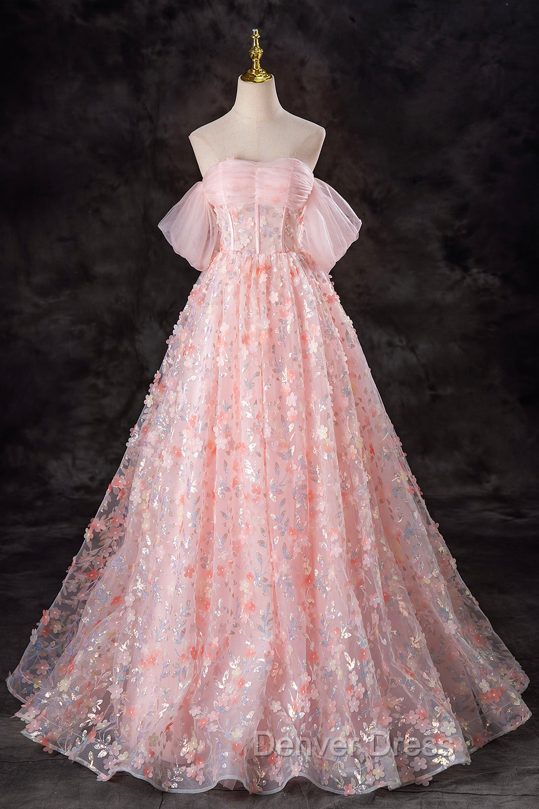 A Line Pink Flowers Tulle Long Princess Dress, Off the Shoulder Prom Dresses