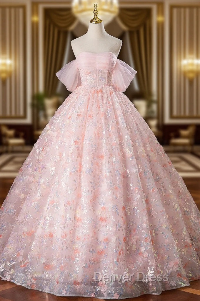 A-Line Pink Flowers Tulle Long Princess Dresses, Off the Shoulder Formal Evening Dresses Main image