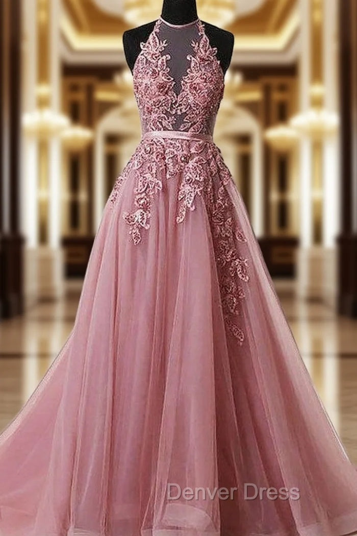 A-Line Pink Halter Sleeveless Applique Tulle Prom Dresses Main image