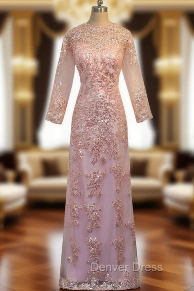A-line Pink Lace Long Sleeves Appliques Mother Of The Bride Dresses Main image