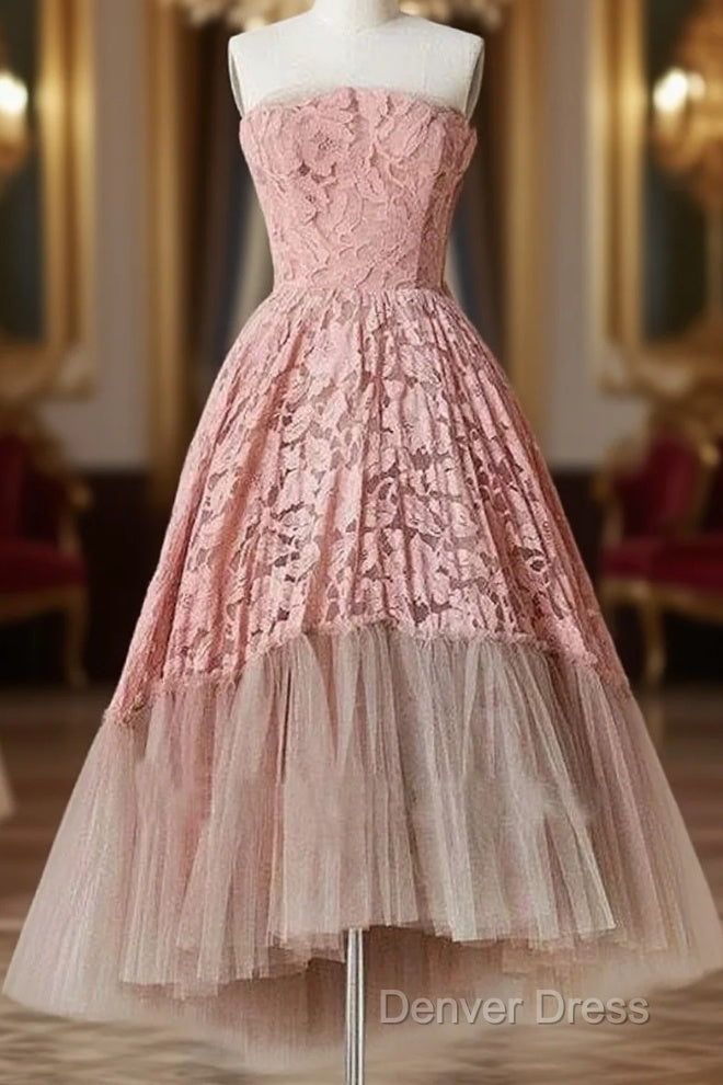 A Line Pink Lace Strapless Sleeveless Short Tulle Homecoming Dresses Main image