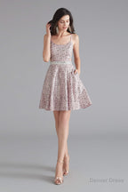 A Line Pink Leopard Sequins Spaghetti Straps Cross Back Homecoming Dresses