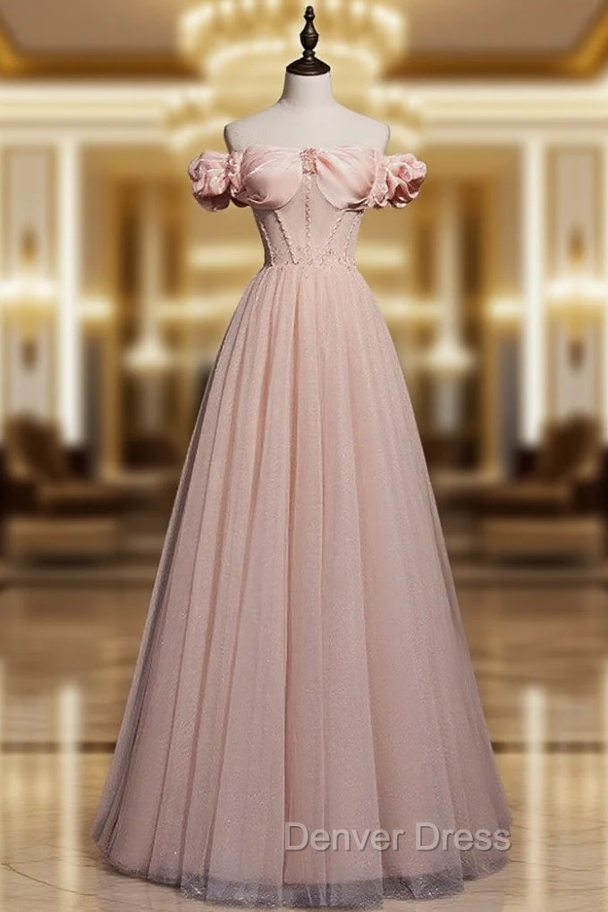 A line Pink Long Prom Dresses, Pink Tulle Formal Graduation Dresses With Beading Main image