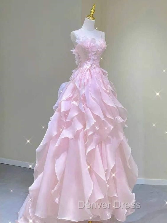 A Line Pink Long Prom Dresses,Strapless Prom Gowns