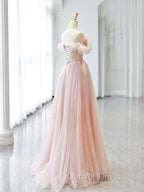 A-line Pink Off Shoulder Beaded Sweetheart Party Dresses, Pink Tulle Prom Dresses