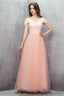 A Line Pink Off Shoulder Lace Prom Dresses