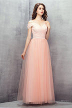 A Line Pink Off Shoulder Lace Prom Dresses
