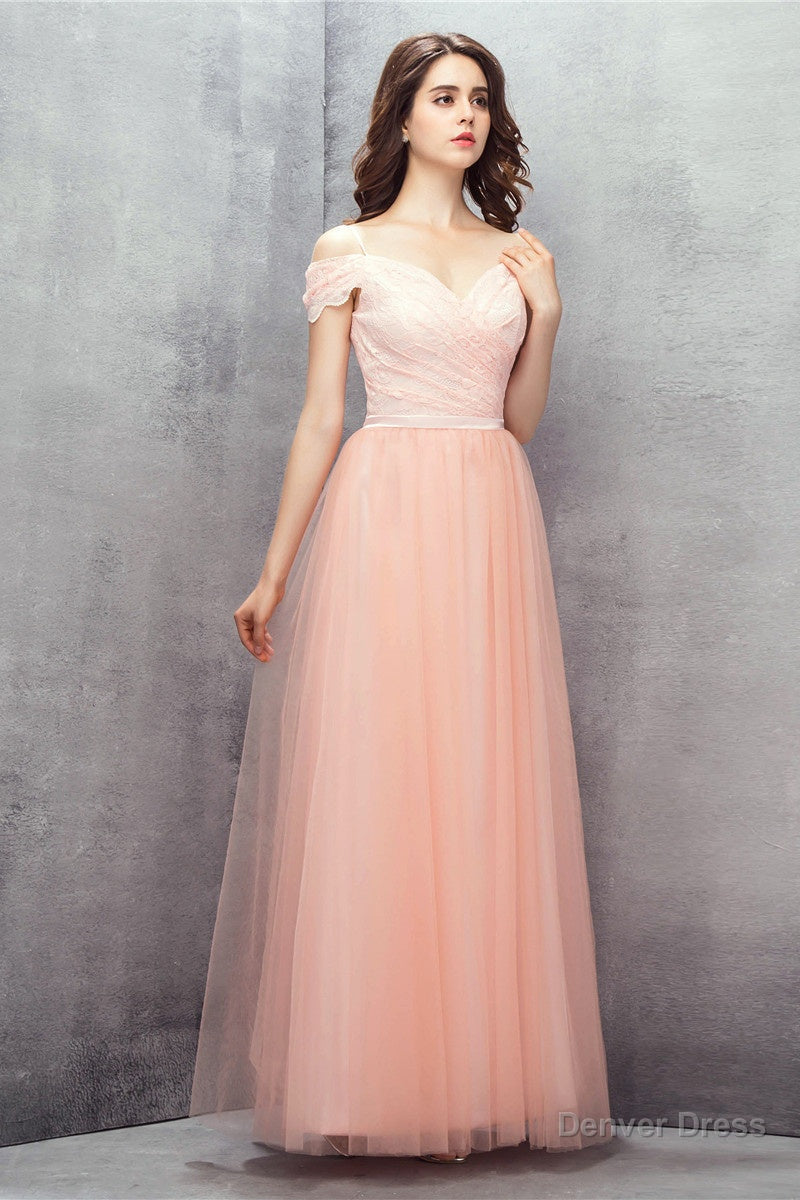 A Line Pink Off Shoulder Lace Prom Dresses