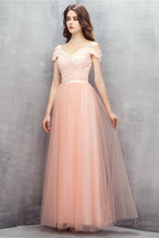 A Line Pink Off Shoulder Lace Prom Dresses