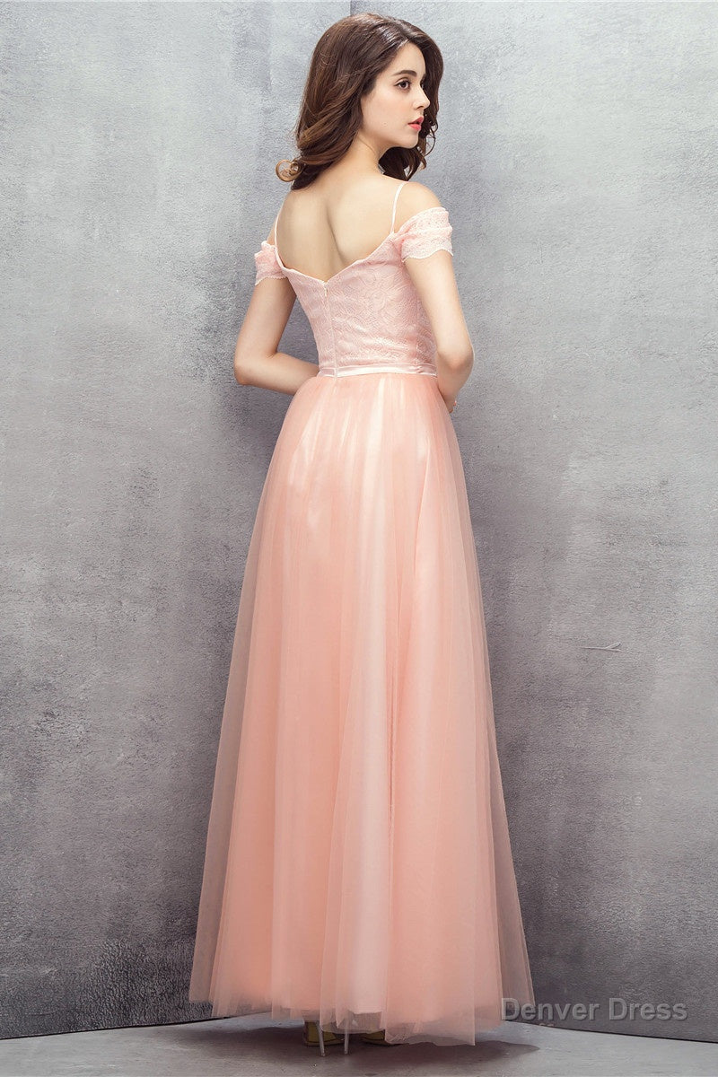 A Line Pink Off Shoulder Lace Prom Dresses
