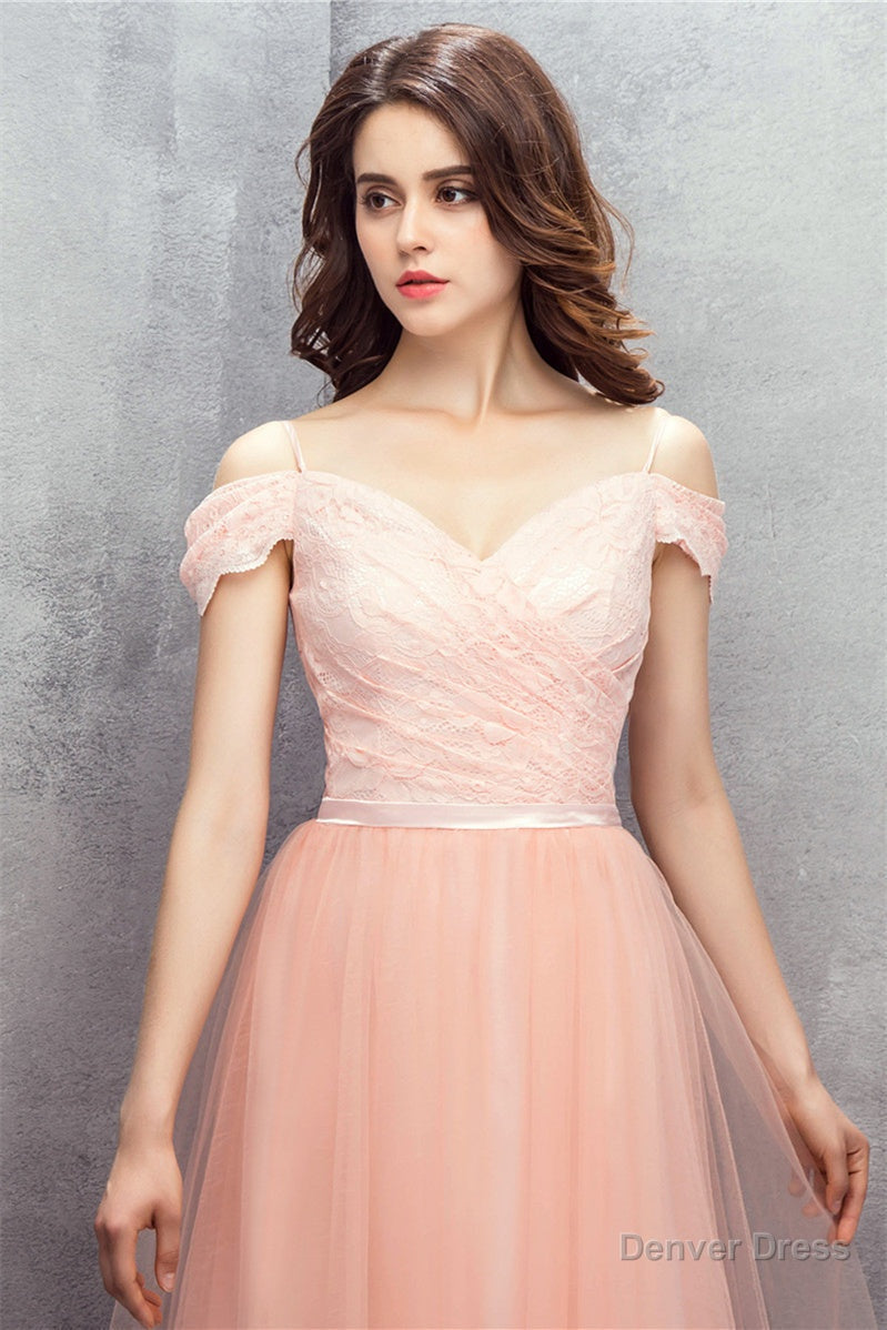 A Line Pink Off Shoulder Lace Prom Dresses
