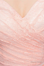 A Line Pink Off Shoulder Lace Prom Dresses