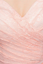 A-line Pink Off Shoulder Lace Prom Dresses