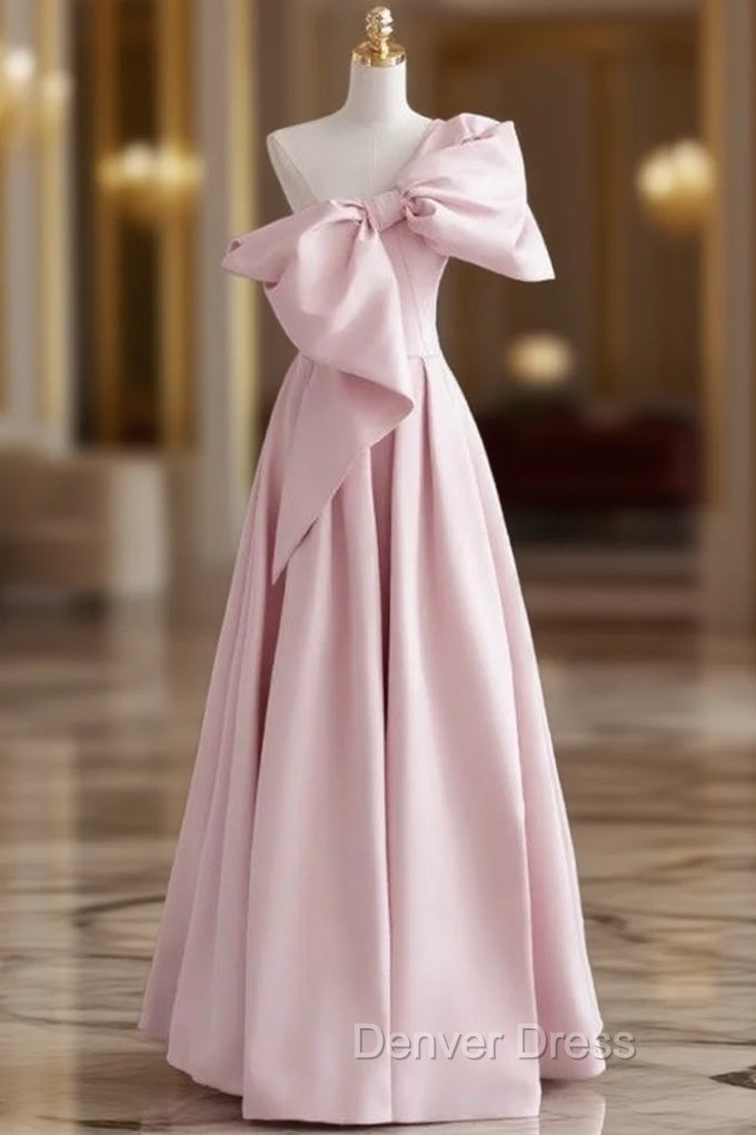 A-Line Pink One Shoulder Bow Prom Dresses Main image