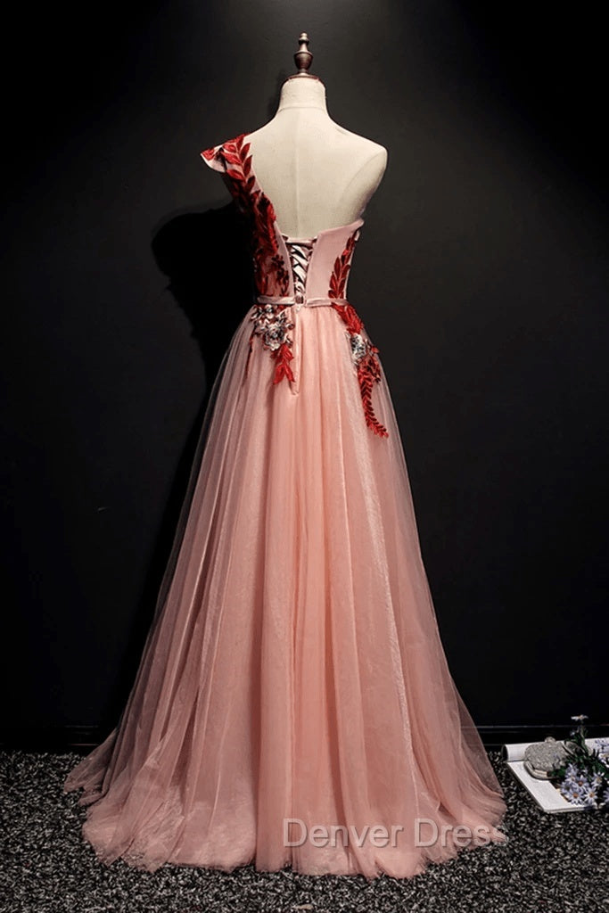 A Line Pink One Shoulder Tulle Red Applique Long Prom Dresses Evening Dresses Secondary image
