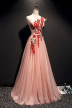 A Line Pink One Shoulder Tulle Red Applique Long Prom Dresses Evening Dresses