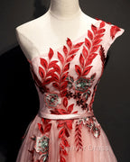 A Line Pink One Shoulder Tulle Red Applique Long Prom Dresses Evening Dresses