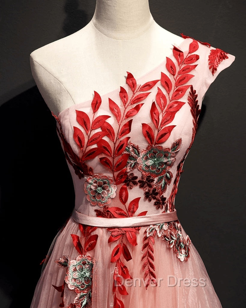 A Line Pink One Shoulder Tulle Red Applique Long Prom Dresses Evening Dresses