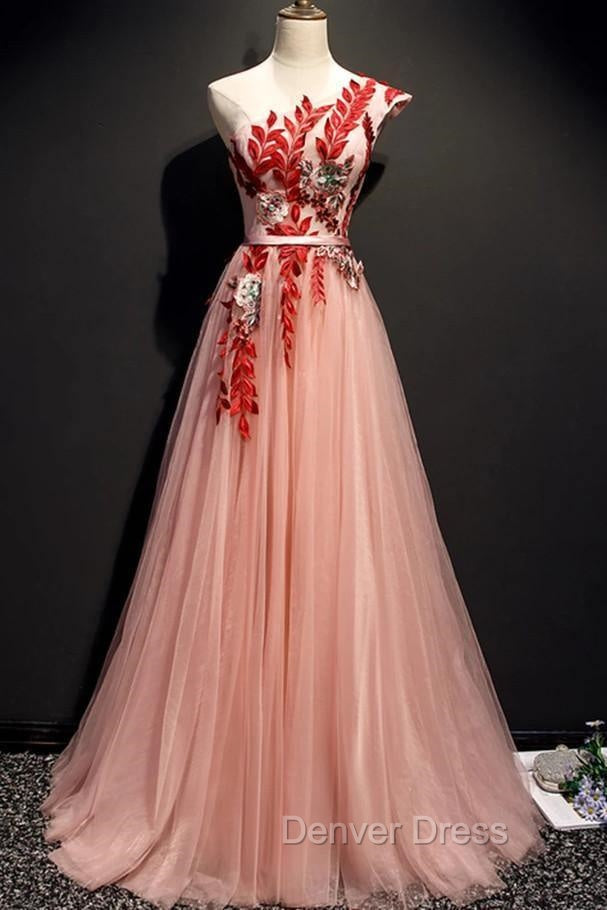 A Line Pink One Shoulder Tulle Red Applique Long Prom Dresses Evening Dresses