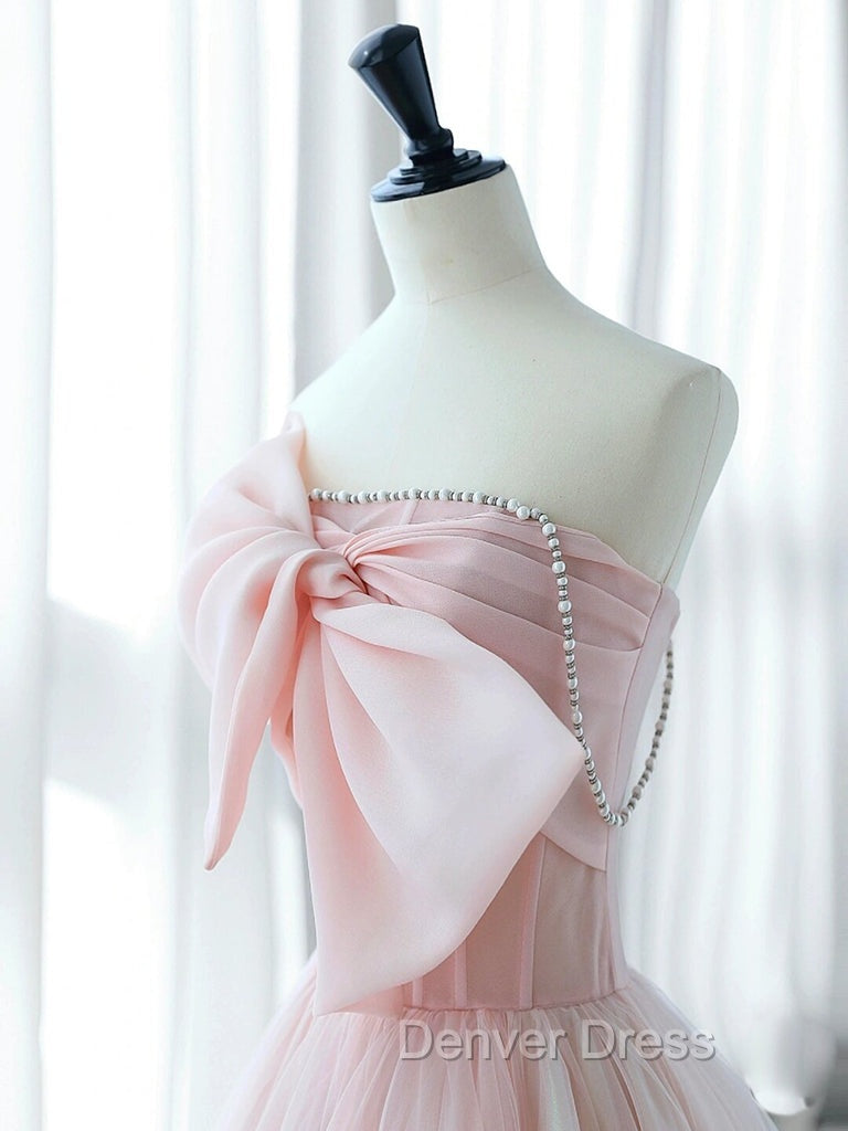 A-Line Pink Organza Long Prom Dresses, Pink Long Formal Dresses