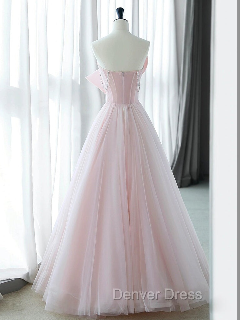 A-Line Pink Organza Long Prom Dresses, Pink Long Formal Dresses