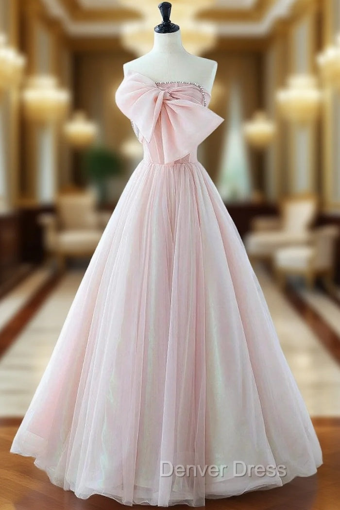 A-Line Pink Organza Long Prom Dresses, Pink Long Formal Dresses Main image