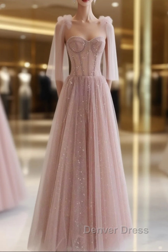 A Line Pink Round Neck Tulle Long Prom Dress, Pink Prom Dresses