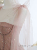A Line Pink Round Neck Tulle Long Prom Dress, Pink Prom Dresses