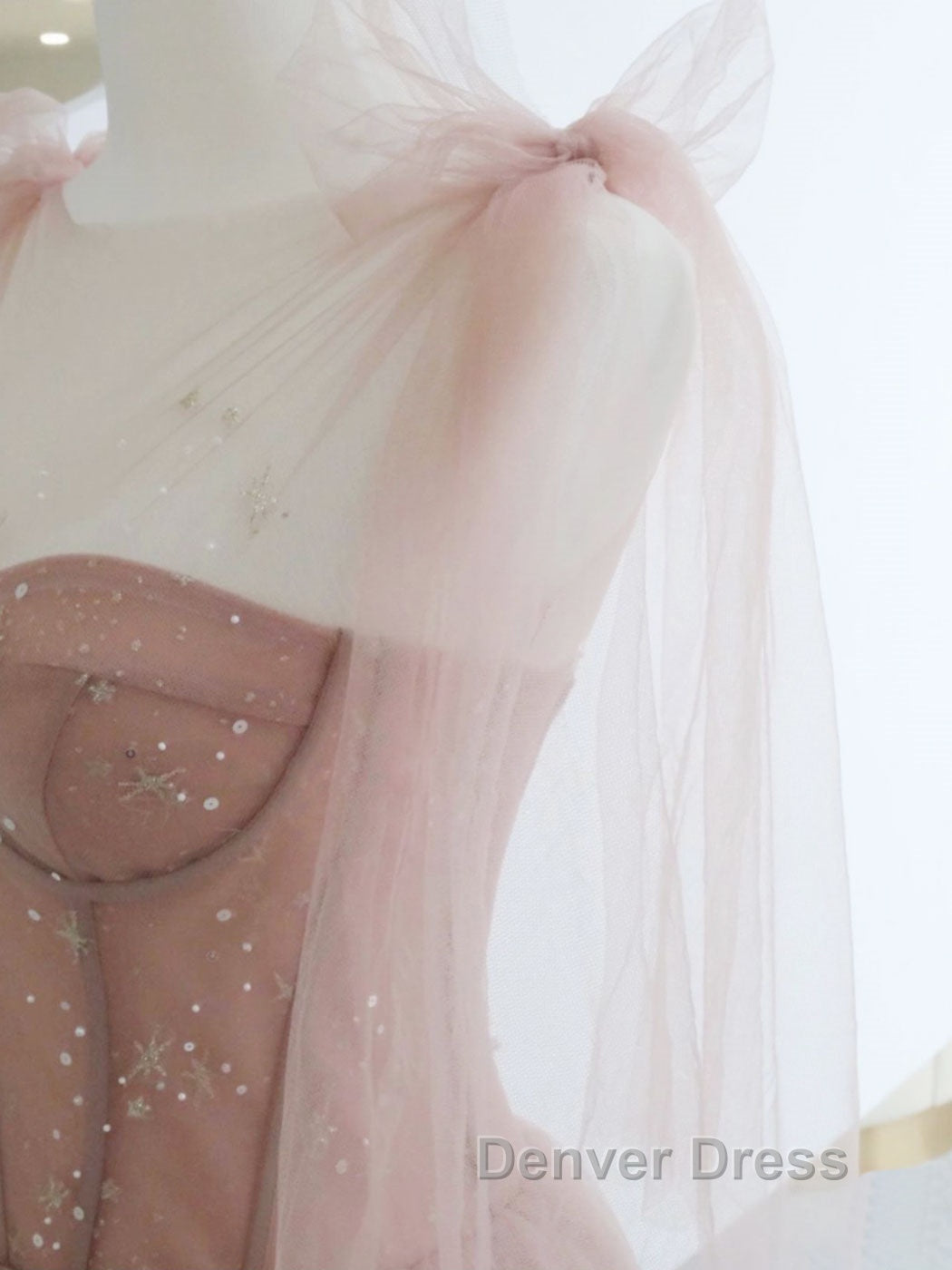 A Line Pink Round Neck Tulle Long Prom Dress, Pink Prom Dresses