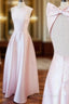 A-Line Pink Satin Backless Floor Length Prom Dresses With Bow