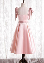 A-Line Pink Satin Short Prom Dress Homecoming Dresses With Tie Shoulders