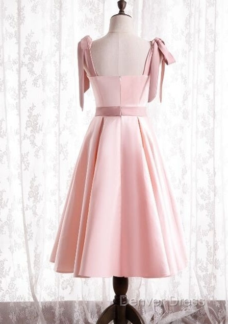 A-Line Pink Satin Short Prom Dress Homecoming Dresses With Tie Shoulders