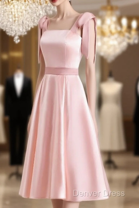 A-Line Pink Satin Short Party Dresses Homecoming Dresses With Tie Shoulders Main image
