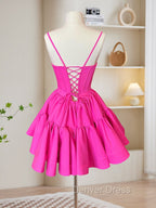 A-Line Pink Satin Short Prom Dresses, Backless Cute Pink Homecoming Dresses
