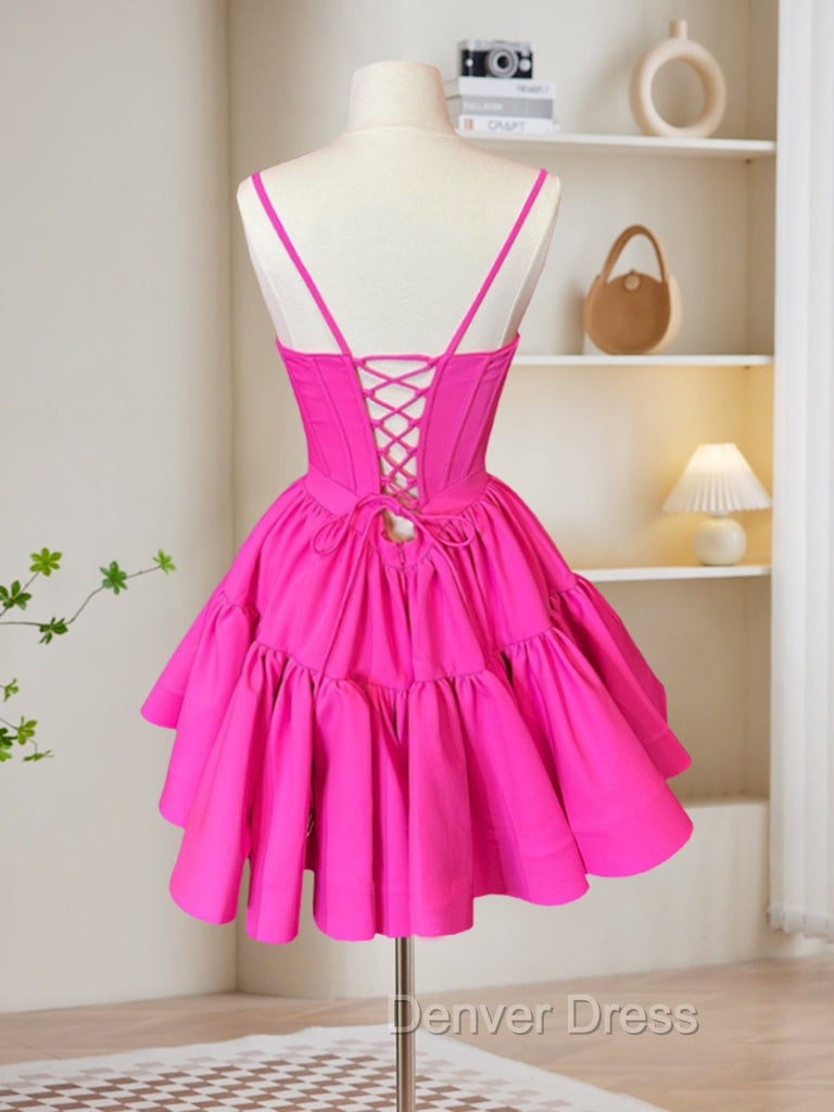 A-Line Pink Satin Short Prom Dresses, Backless Cute Pink Homecoming Dresses