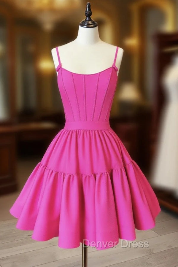 A-Line Pink Satin Short Prom Dresses, Backless Cute Pink Homecoming Dresses Main image
