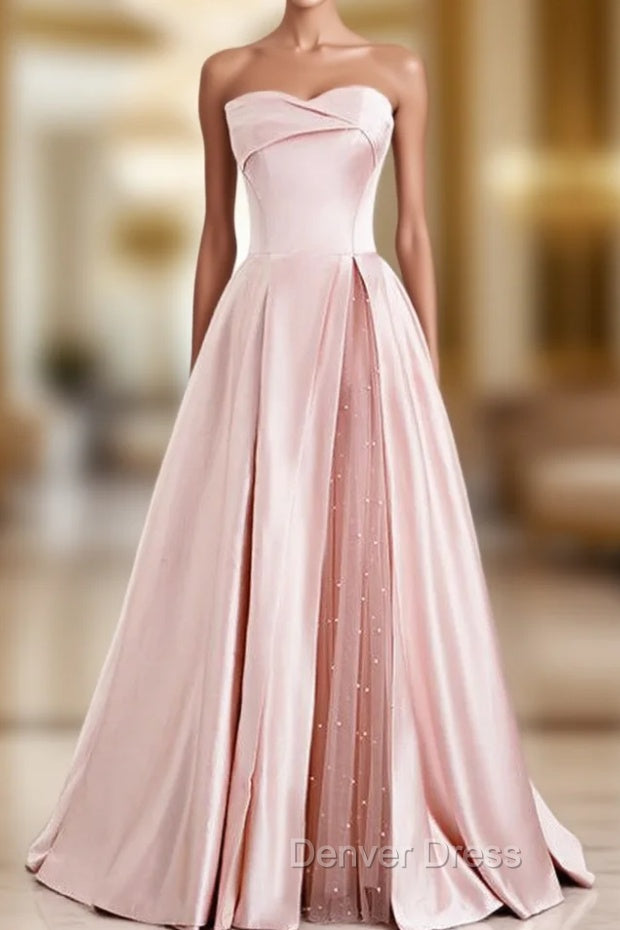 A-Line Pink Satin Strapless Pleats Long Prom Dresses Main image