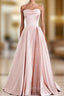 A-Line Pink Satin Strapless Pleats Long Prom Dresses
