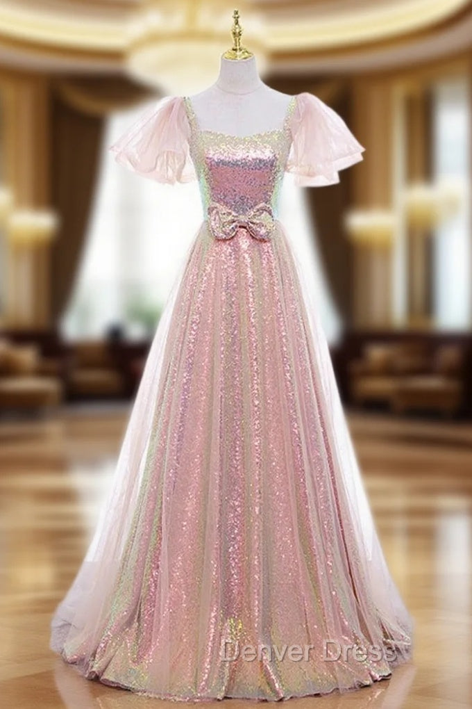 A-line Pink Sequins Puff Sleeve Prom Dresses Main image