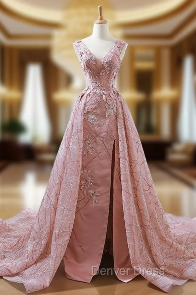 A Line Pink Sequins V Neck Backless Appliques Wedding Dresses