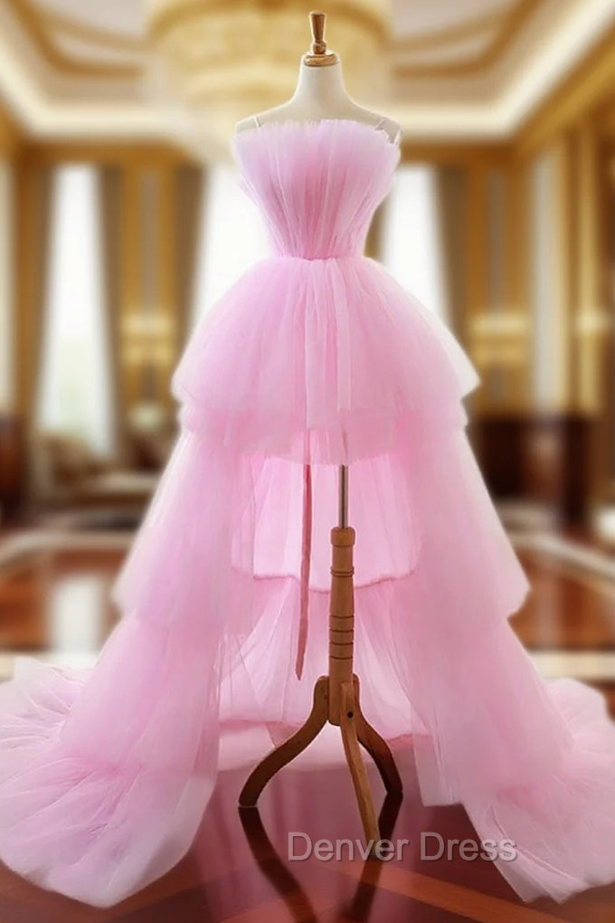A Line Pink Spaghetti Straps Tulle Backless Wedding Dresses Main image