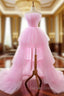 A Line Pink Spaghetti Straps Tulle Backless Wedding Dresses
